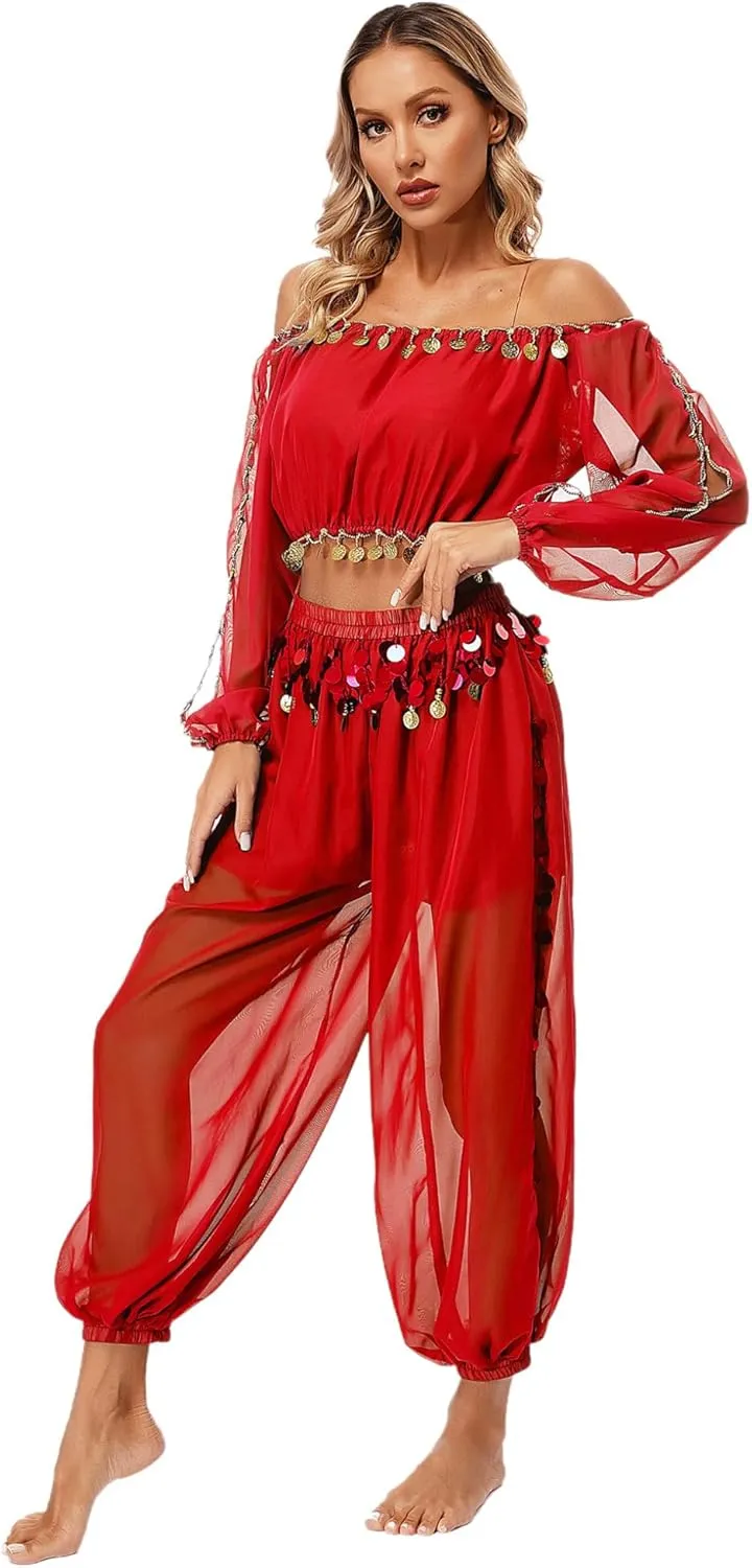 Women's 2Pcs Belly Dancer Costumes Crop Top Harem Pants with Built-in Shorts for Dress Up