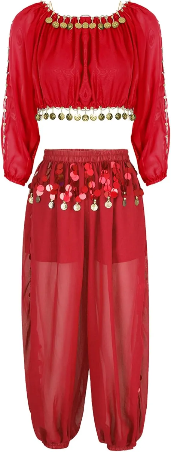 Women's 2Pcs Belly Dancer Costumes Crop Top Harem Pants with Built-in Shorts for Dress Up