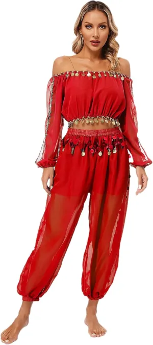 Women's 2Pcs Belly Dancer Costumes Crop Top Harem Pants with Built-in Shorts for Dress Up