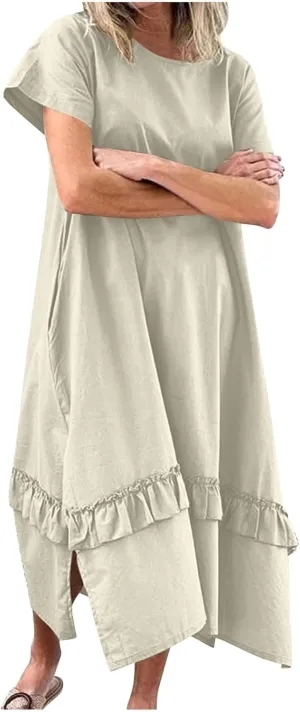 Womens Boho Floral Flowy Midi Dresses Casual Loose Summer Short Sleeve Beach Dress with Pockets Side Slit Spring Clothes 2025