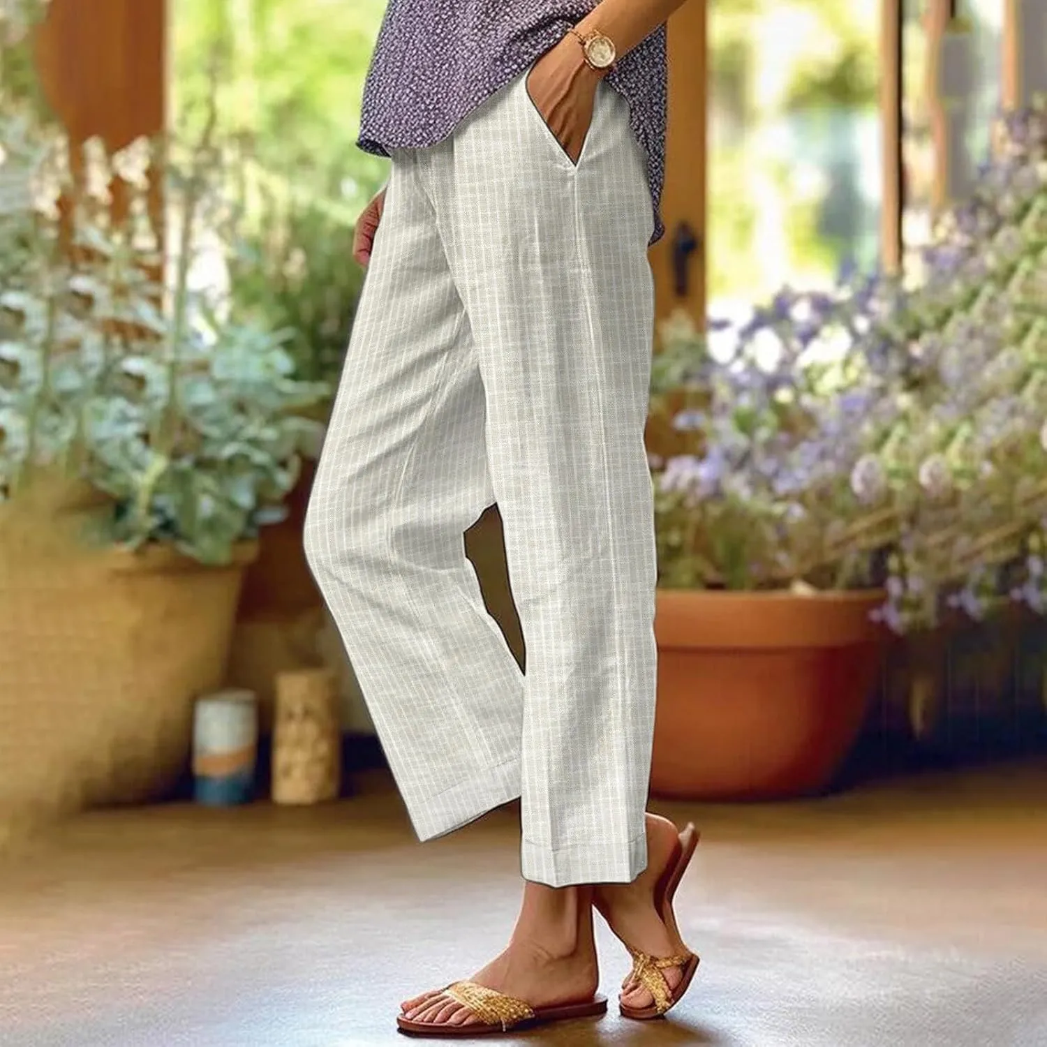 Women's Casual Boho Floral Design Cotton Linen Pant Elastic Waisted Drawstring Summer Beach Baggy Capri with Pockets