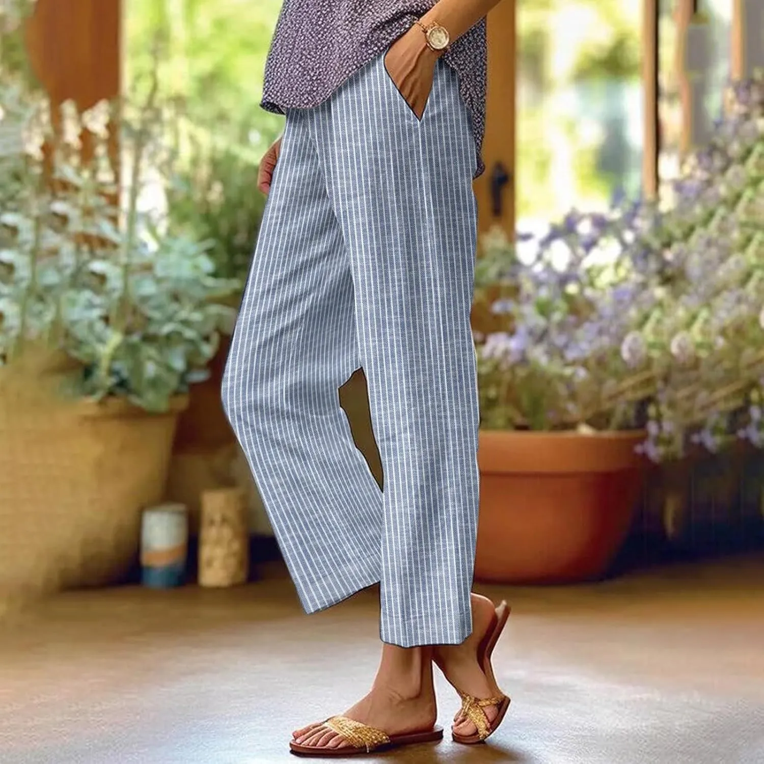 Women's Casual Boho Floral Print Stripe Cotton Linen Pants Elastic Waisted Drawstring Summer Spring Beach Baggy Capri
