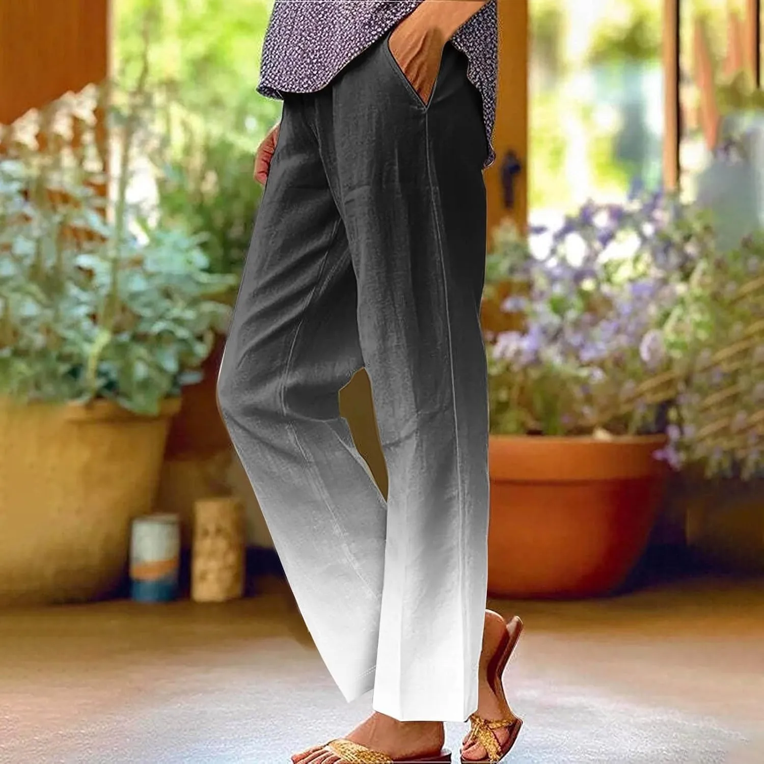 Women's Casual Boho Floral Print Stripe Cotton Linen Pants Elastic Waisted Drawstring Summer Spring Beach Baggy Capri