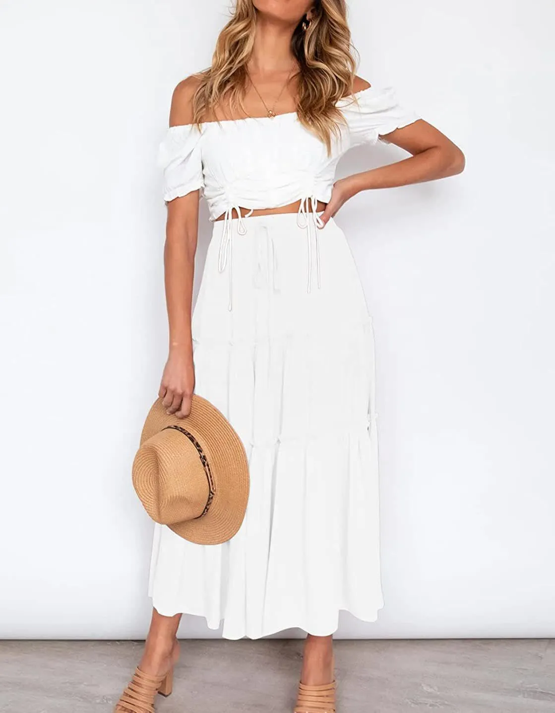 Women's Flowy Maxi Skirt A-Line Pleated Drawstring Skirt Elastic Waist Boho Summer Long Beach Dress