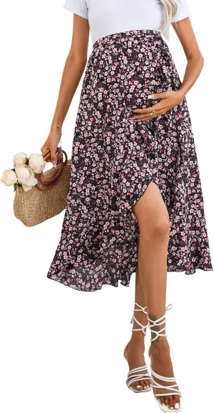 Women's Maternity Midi Skirt Pleated Elastic High Waist Summer Spring Boho Casual Ruffle Flowy Wrap Split Long Skirt