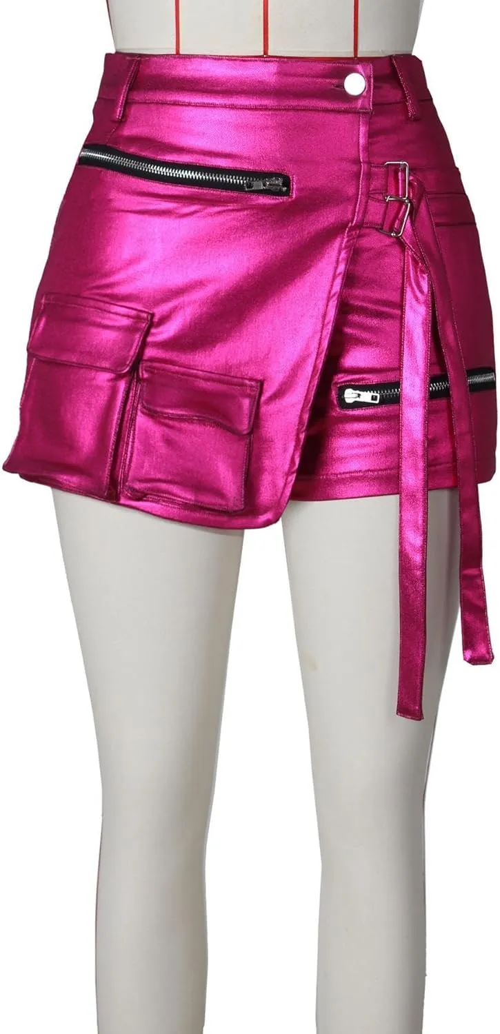 Women's Metallic Sexy Cargo Shorts Elastic High Waist Stretch Hotpants Rave Pants Party Clubwear