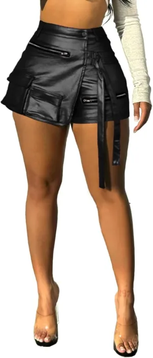 Women's Metallic Sexy Cargo Shorts Elastic High Waist Stretch Hotpants Rave Pants Party Clubwear