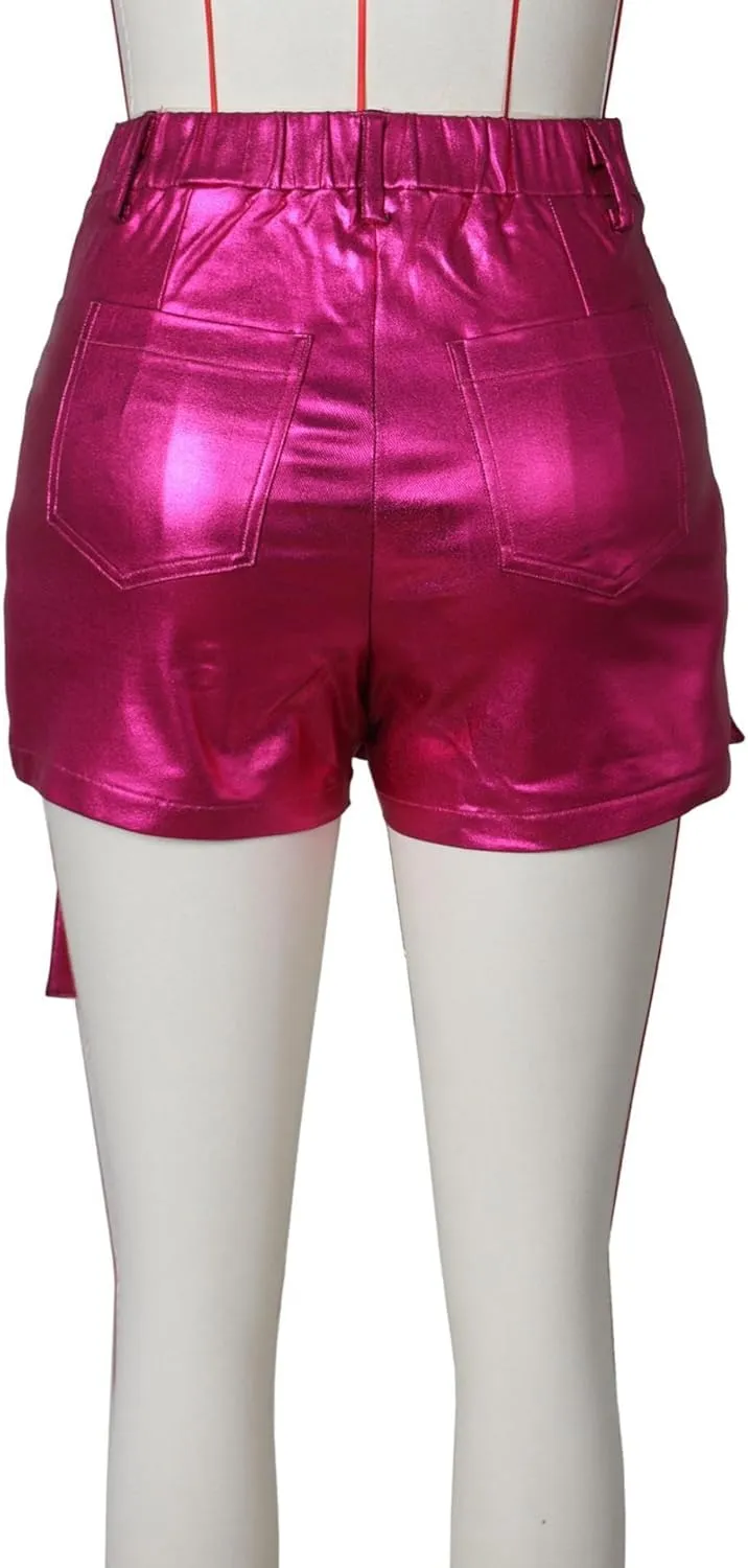Women's Metallic Sexy Cargo Shorts Elastic High Waist Stretch Hotpants Rave Pants Party Clubwear