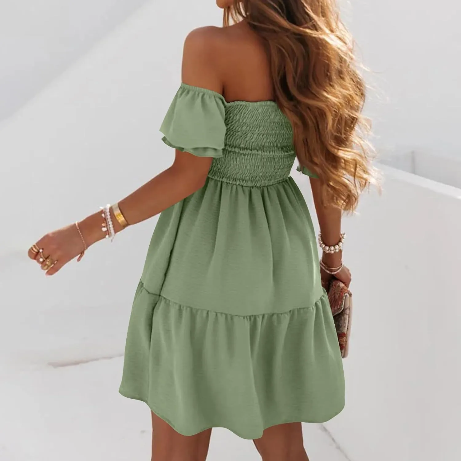 Women's Off The Shoulder Summer Dresses 2025 Short Puff Sleeve Ruffle Elastic Waist A-Line Smocked Casual Mini Dress