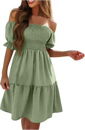 Women's Off The Shoulder Summer Dresses 2025 Short Puff Sleeve Ruffle Elastic Waist A-Line Smocked Casual Mini Dress