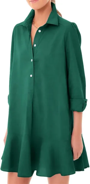 Women's Shirt Dress Lapel Long Sleeve Button Down Mini Dresses Solid Flowy Ruffle Hem Swing Summer Loose Dress
