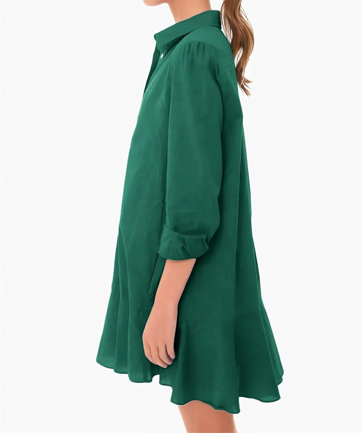 Women's Shirt Dress Lapel Long Sleeve Button Down Mini Dresses Solid Flowy Ruffle Hem Swing Summer Loose Dress