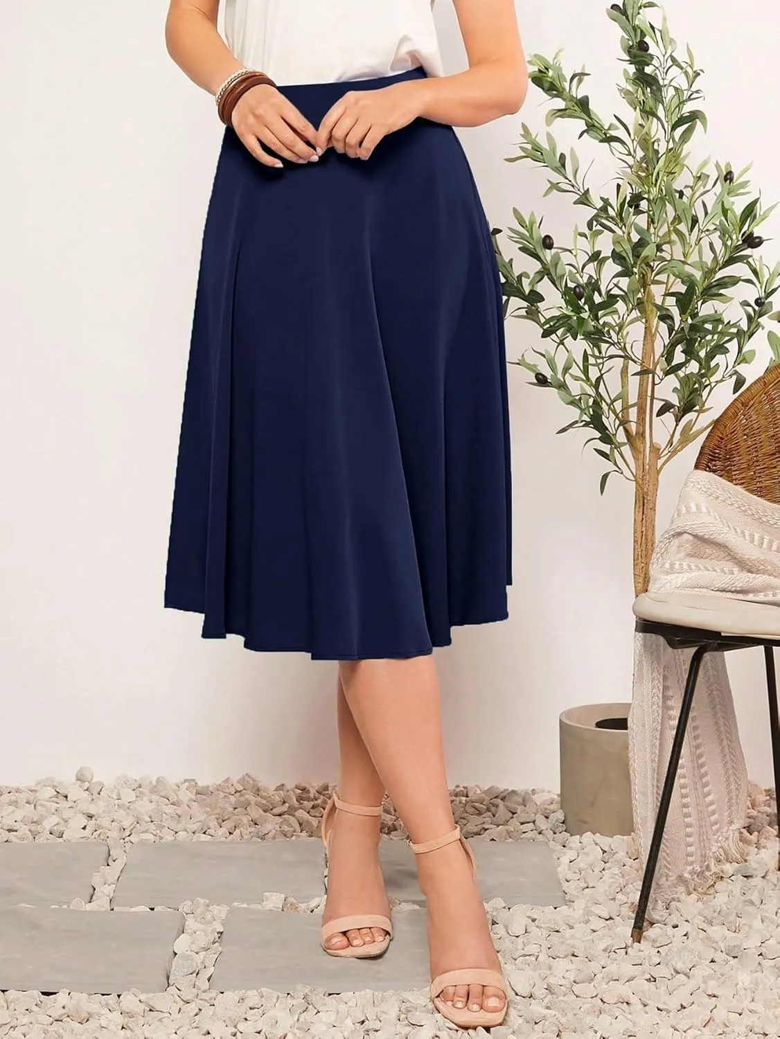 Womens Summer Flowy Skirt Dress Solid High Waist Midi Skirt