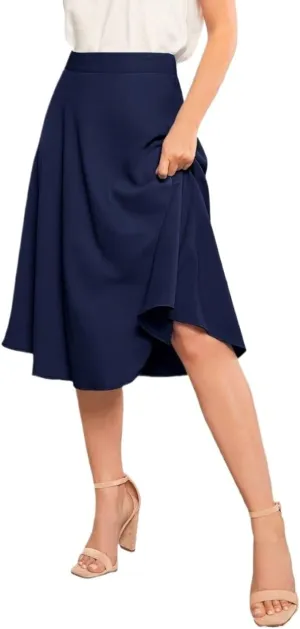 Womens Summer Flowy Skirt Dress Solid High Waist Midi Skirt