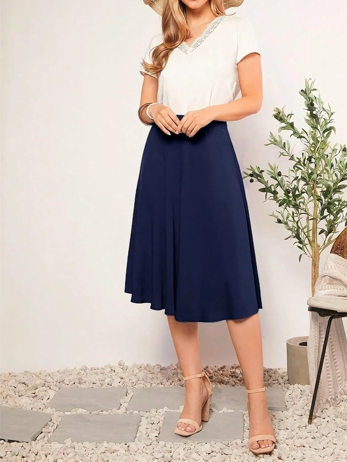 Womens Summer Flowy Skirt Dress Solid High Waist Midi Skirt