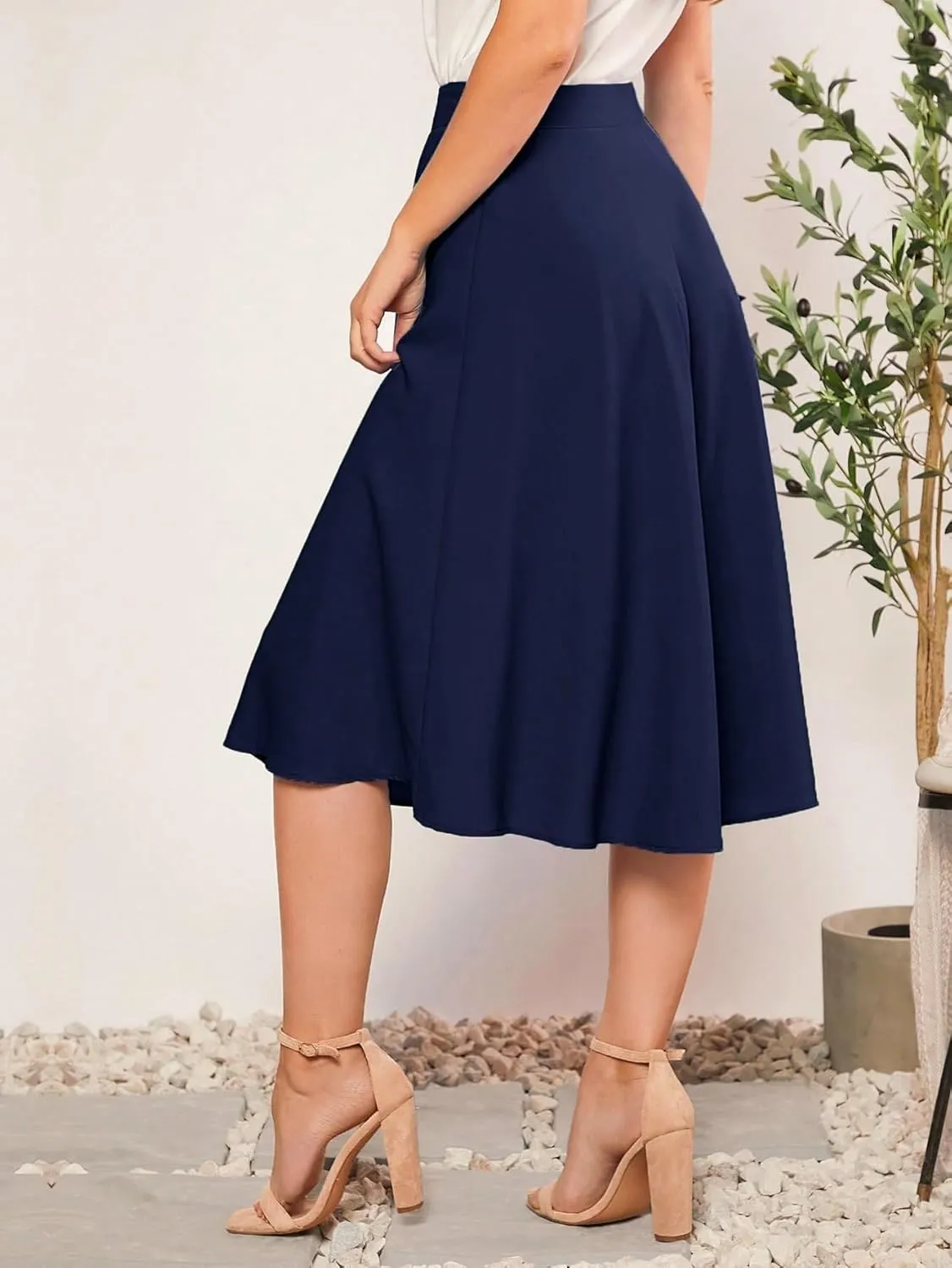 Womens Summer Flowy Skirt Dress Solid High Waist Midi Skirt