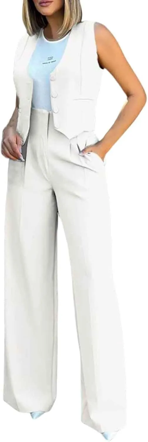 Womens Two Piece Outfits Summer Comfy Sets Sleeveless button down jacket baggy wide leg Blazer Pant workout tracksuit