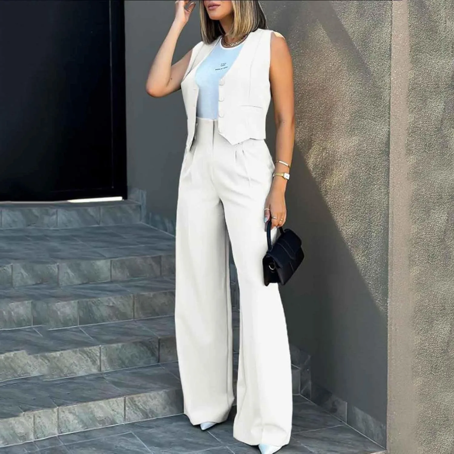 Womens Two Piece Outfits Summer Comfy Sets Sleeveless button down jacket baggy wide leg Blazer Pant workout tracksuit
