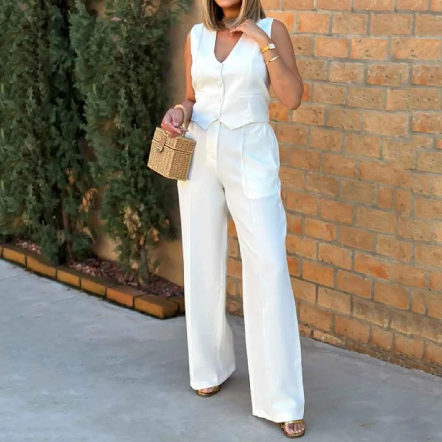 Womens Two Piece Outfits Summer Comfy Sets Sleeveless button down jacket baggy wide leg Blazer Pant workout tracksuit