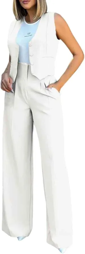 Womens Two Piece Outfits Summer Comfy Sets Sleeveless button down jacket baggy wide leg Blazer Pant workout tracksuit