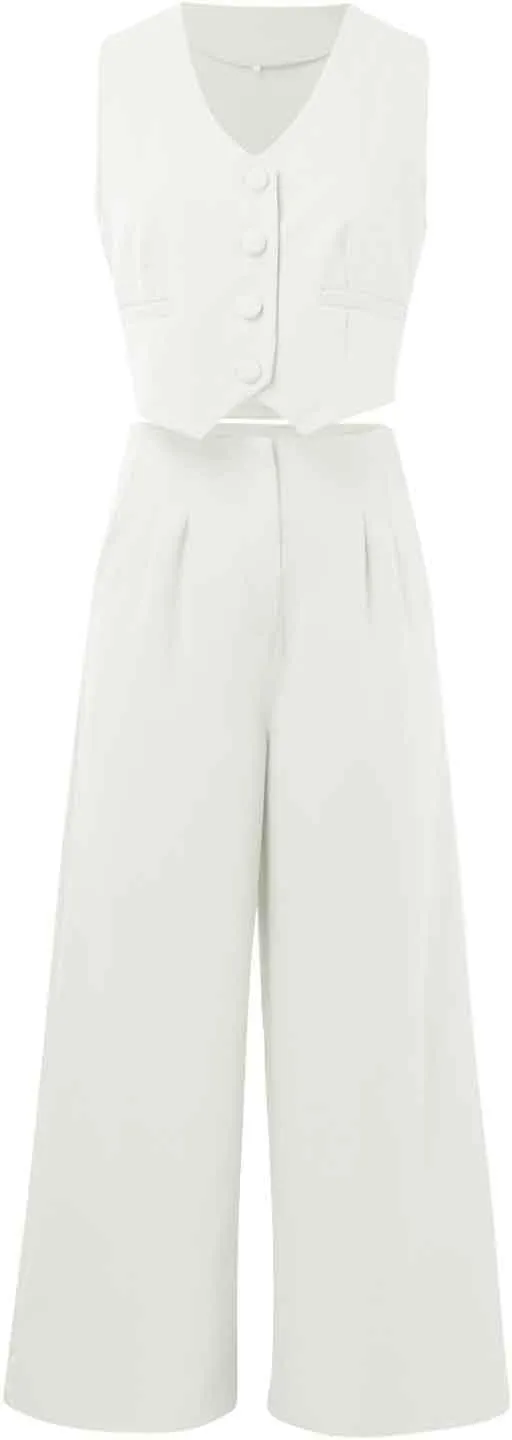 Womens Two Piece Outfits Summer Comfy Sets Sleeveless button down jacket baggy wide leg Blazer Pant workout tracksuit