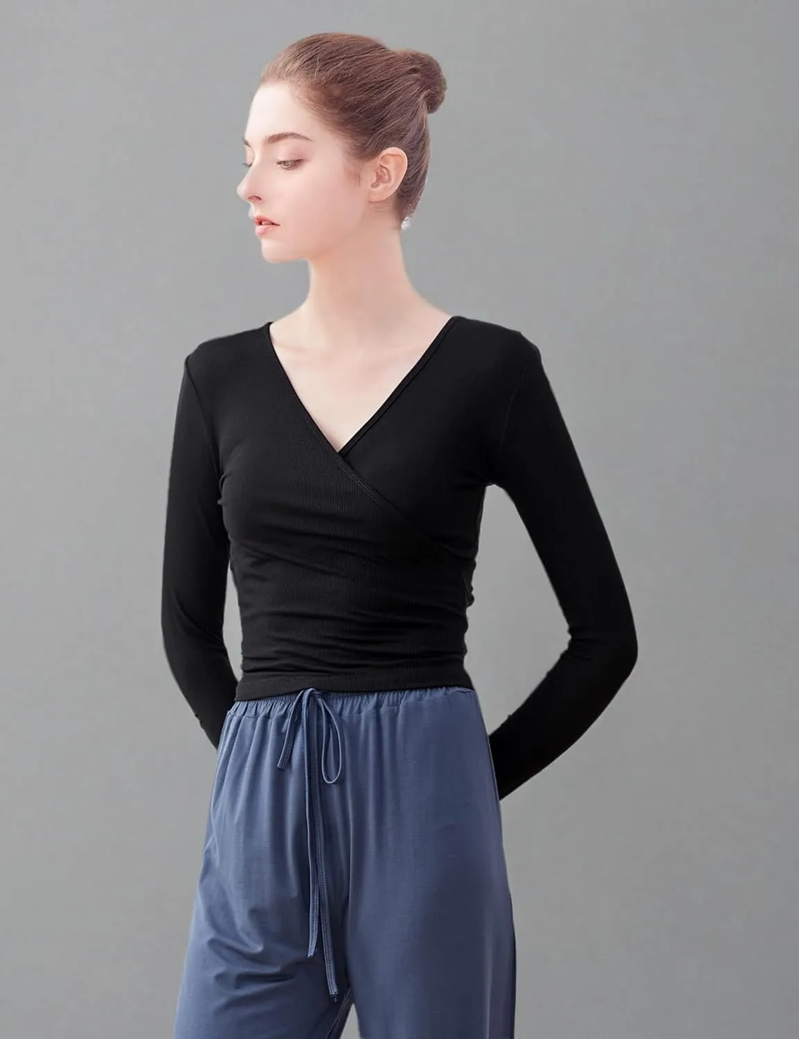 Women's Yoga Dance Crop Long Sleeve Blouse Adult V Neck Front Cross-Back Lace-up Top