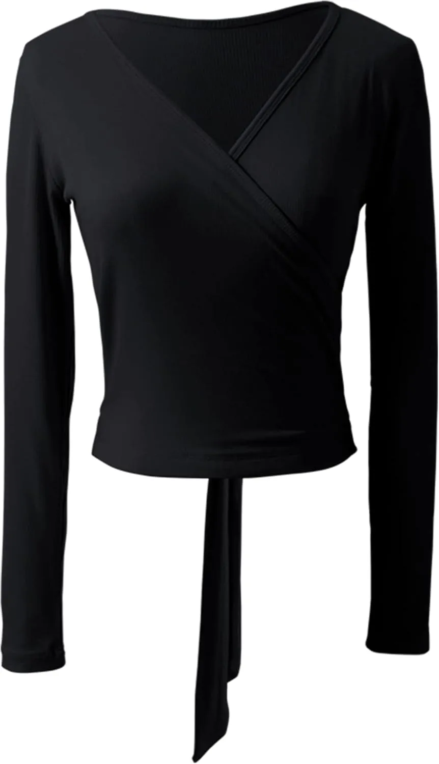 Women's Yoga Dance Crop Long Sleeve Blouse Adult V Neck Front Cross-Back Lace-up Top