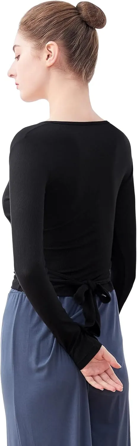 Women's Yoga Dance Crop Long Sleeve Blouse Adult V Neck Front Cross-Back Lace-up Top