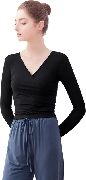 Women's Yoga Dance Crop Long Sleeve Blouse Adult V Neck Front Cross-Back Lace-up Top