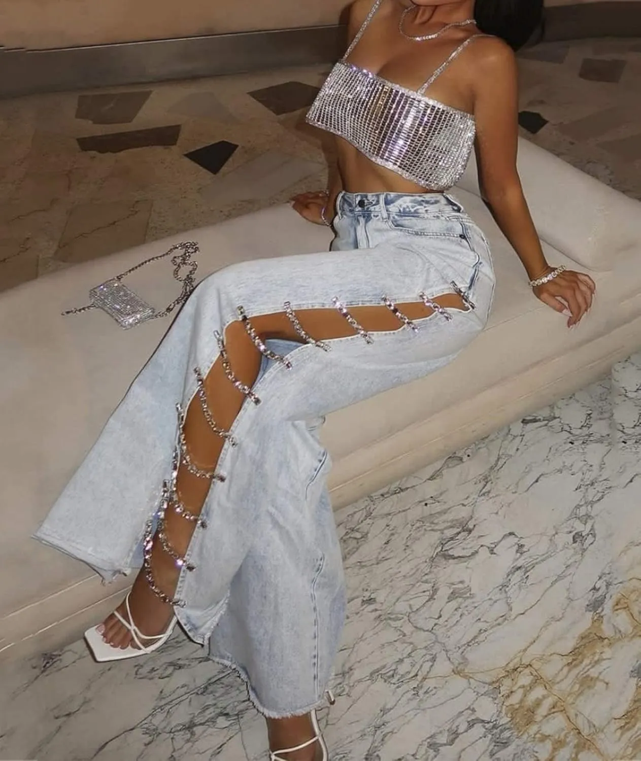 xxxiticat Women's Covered in Diamond Lace Up Jeans High Rise Wide Leg Rhinestone Bandage Fringe Hem Split Denim Trouser
