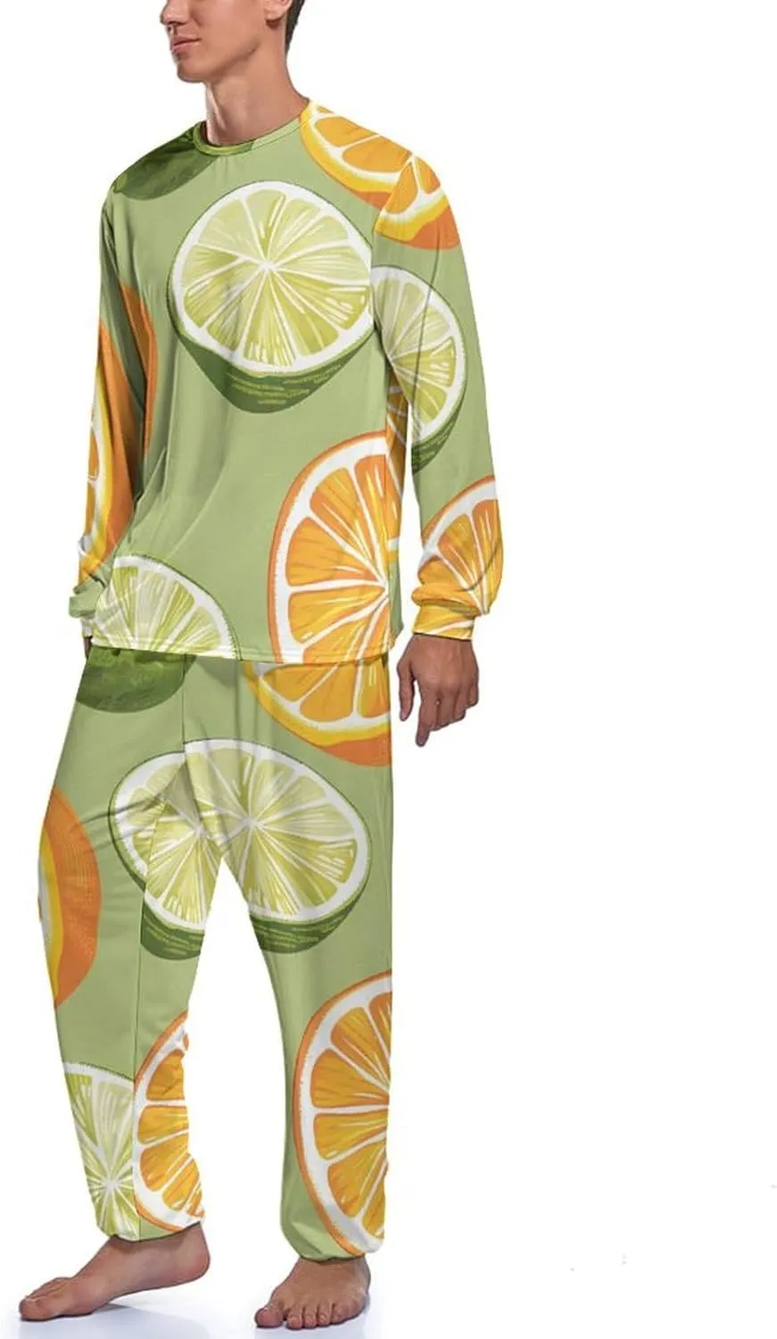 Yellow Lemon Green Orange Mens Pajamas Set Crew Neck Long Sleeve Sleepwear Top & Pants 2 PCS Loungewear