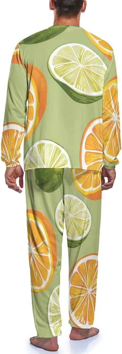 Yellow Lemon Green Orange Mens Pajamas Set Crew Neck Long Sleeve Sleepwear Top & Pants 2 PCS Loungewear