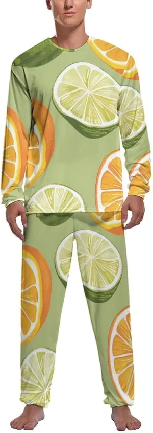 Yellow Lemon Green Orange Mens Pajamas Set Crew Neck Long Sleeve Sleepwear Top & Pants 2 PCS Loungewear