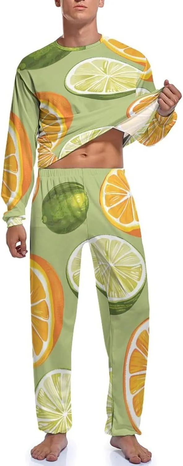 Yellow Lemon Green Orange Mens Pajamas Set Crew Neck Long Sleeve Sleepwear Top & Pants 2 PCS Loungewear