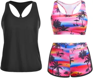 Yonique 3 Piece Athletic Tankini Swimsuits for Women with Shorts Swim Tank Tops with Sports Bra and Boyshorts Bathing Suits