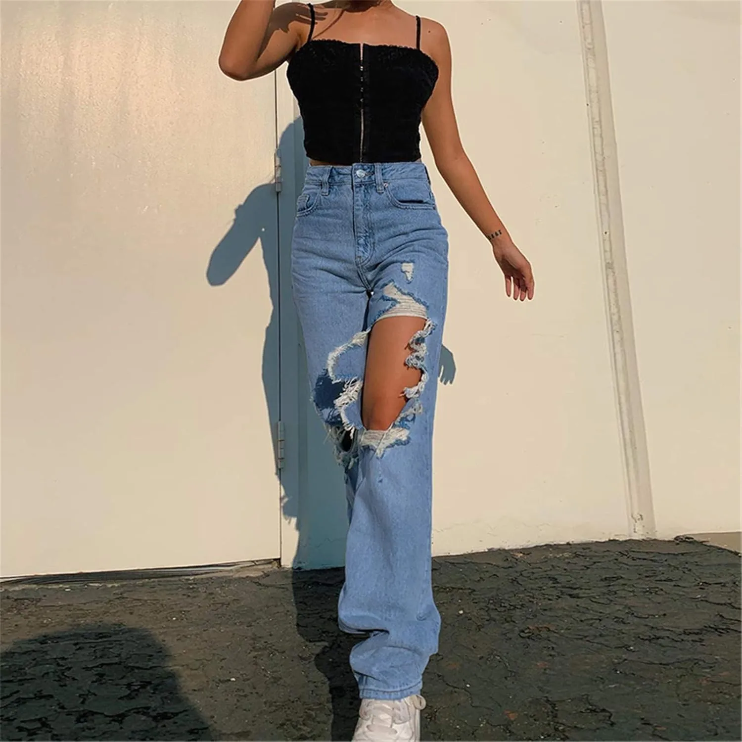 Yuemengxuan Women Ripped Jeans, Ladies Fashion Hollow Out Baggy High Waist Denim Pants Female Casual Loose Trousers