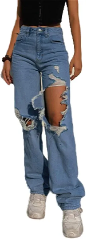 Yuemengxuan Women Ripped Jeans, Ladies Fashion Hollow Out Baggy High Waist Denim Pants Female Casual Loose Trousers