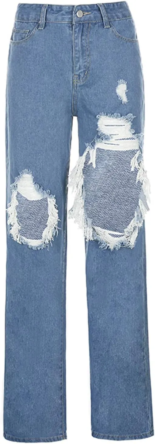 Yuemengxuan Women Ripped Jeans, Ladies Fashion Hollow Out Baggy High Waist Denim Pants Female Casual Loose Trousers