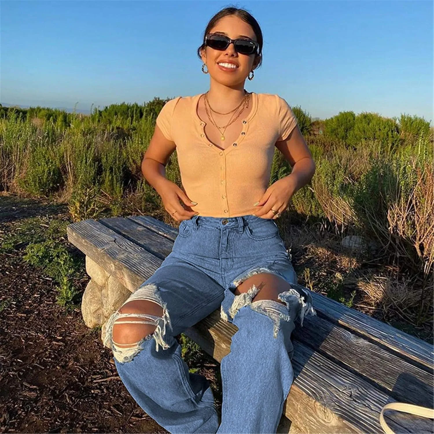 Yuemengxuan Women Ripped Jeans, Ladies Fashion Hollow Out Baggy High Waist Denim Pants Female Casual Loose Trousers