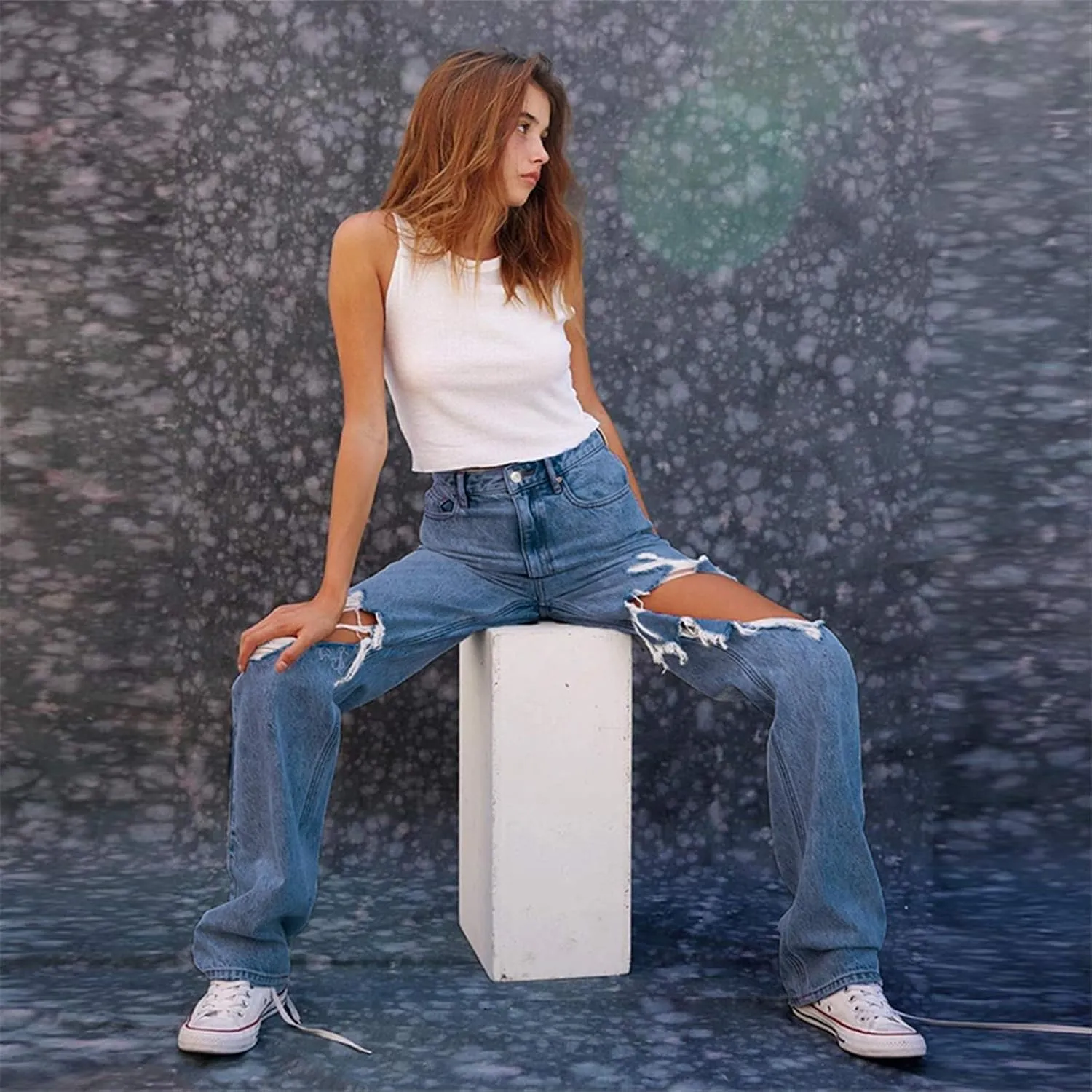 Yuemengxuan Women Ripped Jeans, Ladies Fashion Hollow Out Baggy High Waist Denim Pants Female Casual Loose Trousers