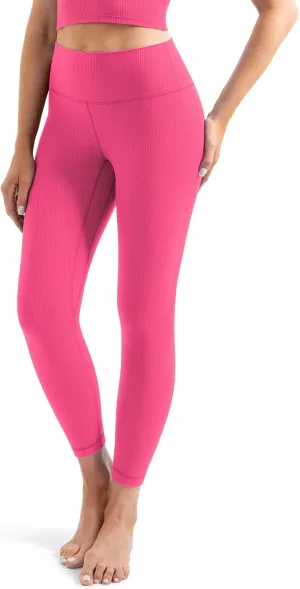 YUNOGA Women's Ribbed High Waisted Tummy Control Leggings Buttery 25" Inseam Workout Yoga Pants