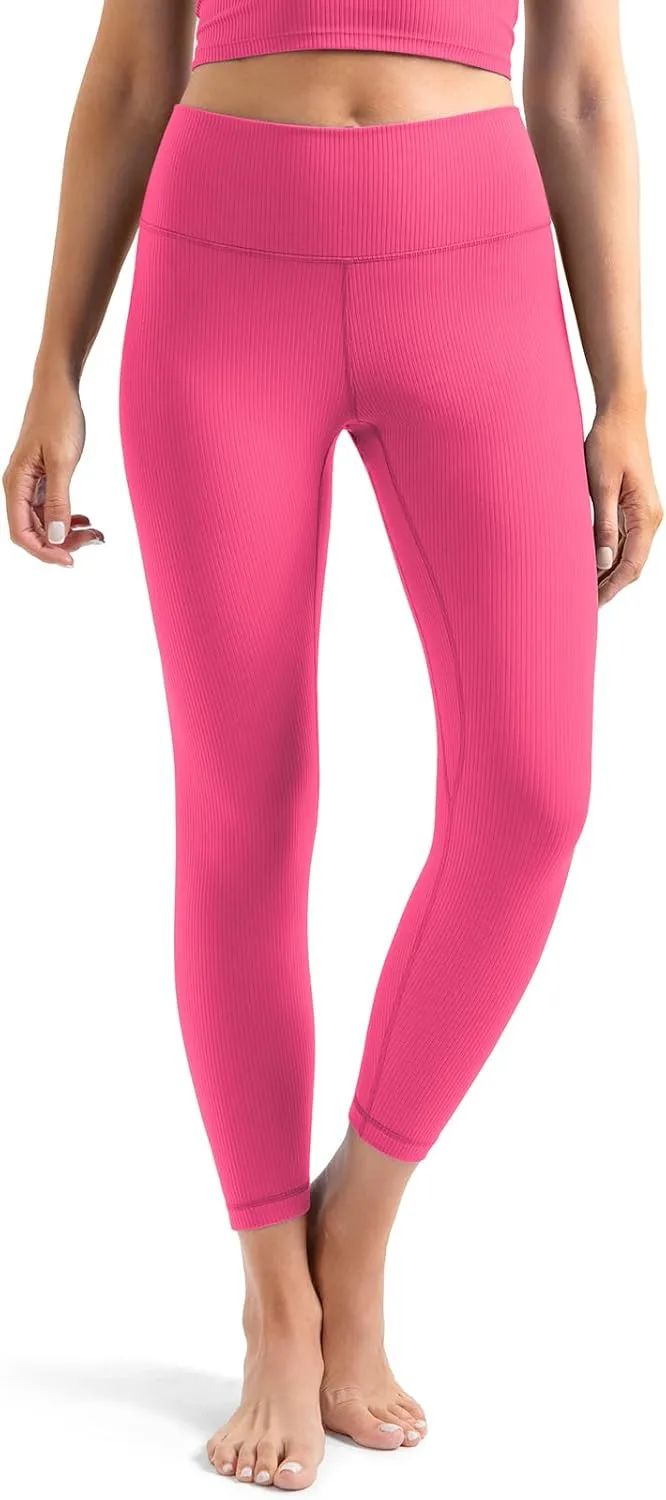 YUNOGA Women's Ribbed High Waisted Tummy Control Leggings Buttery 25" Inseam Workout Yoga Pants