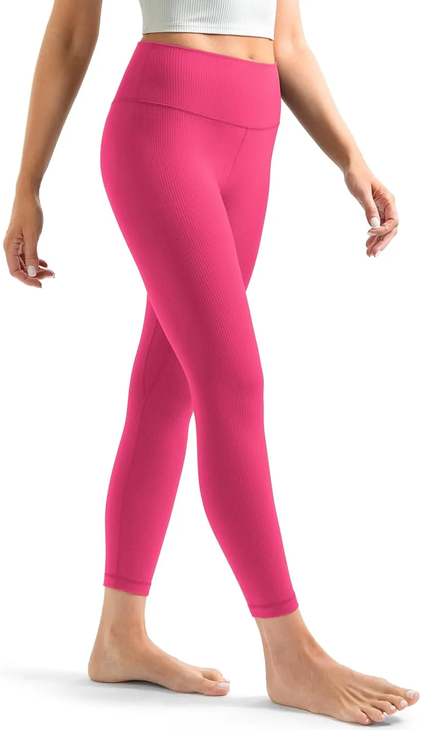 YUNOGA Women's Ribbed High Waisted Tummy Control Leggings Buttery 25" Inseam Workout Yoga Pants