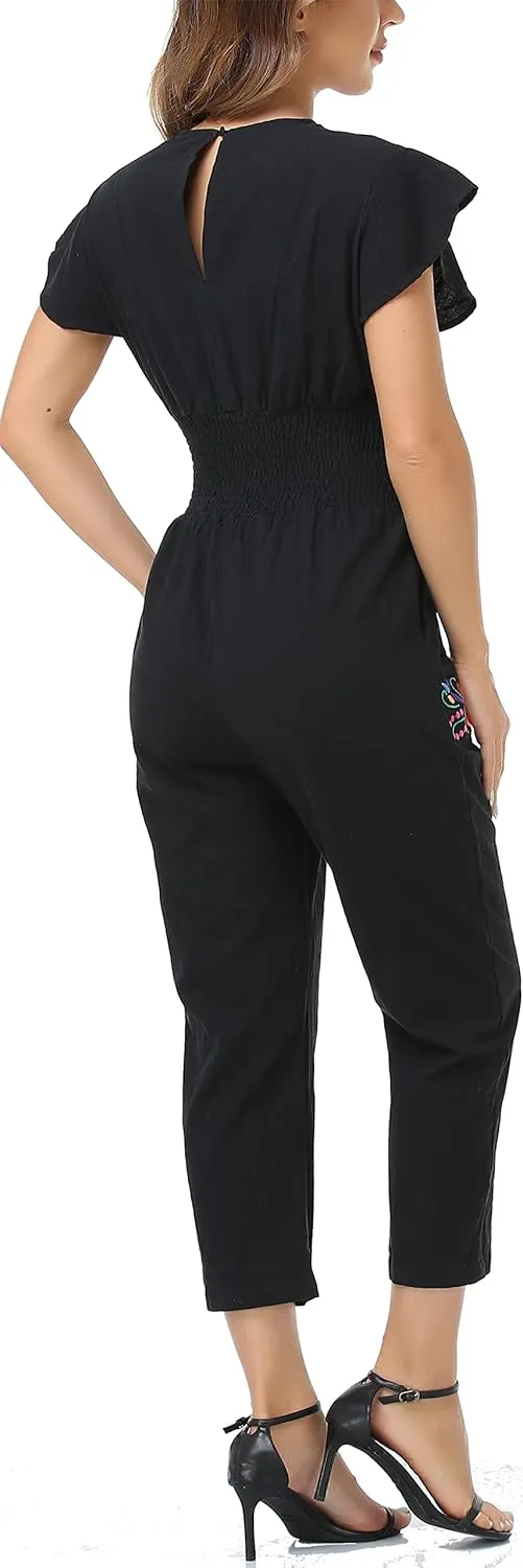 YZXDORWJ Women's Mexican Floral Embroidered Jumpsuits Casual Lace Short Sleeves Pants with Two Pockets