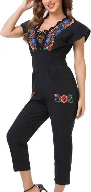 YZXDORWJ Women's Mexican Floral Embroidered Jumpsuits Casual Lace Short Sleeves Pants with Two Pockets