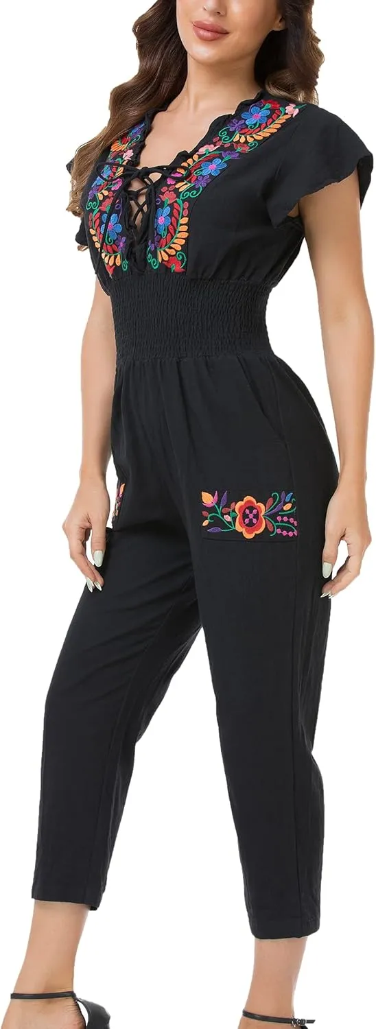 YZXDORWJ Women's Mexican Floral Embroidered Jumpsuits Casual Lace Short Sleeves Pants with Two Pockets