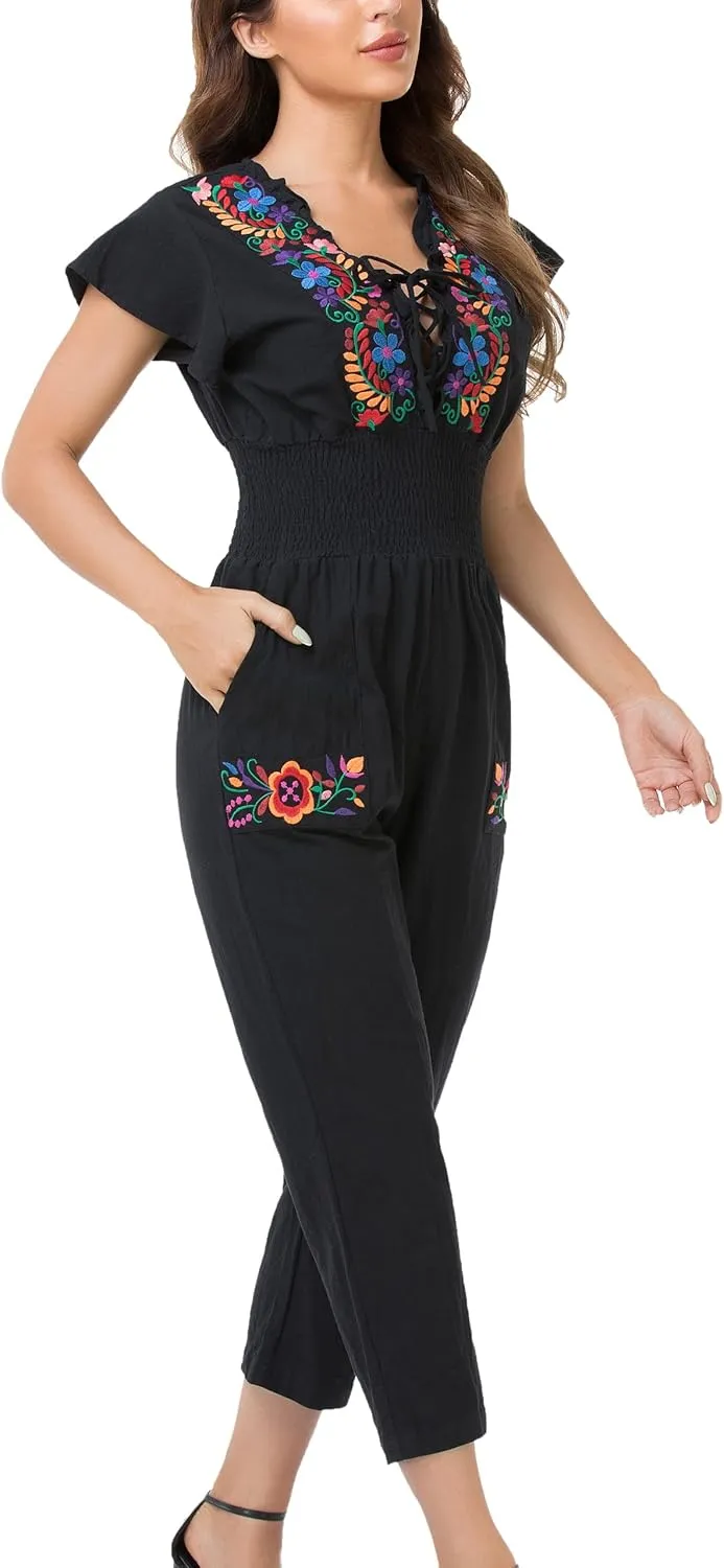YZXDORWJ Women's Mexican Floral Embroidered Jumpsuits Casual Lace Short Sleeves Pants with Two Pockets