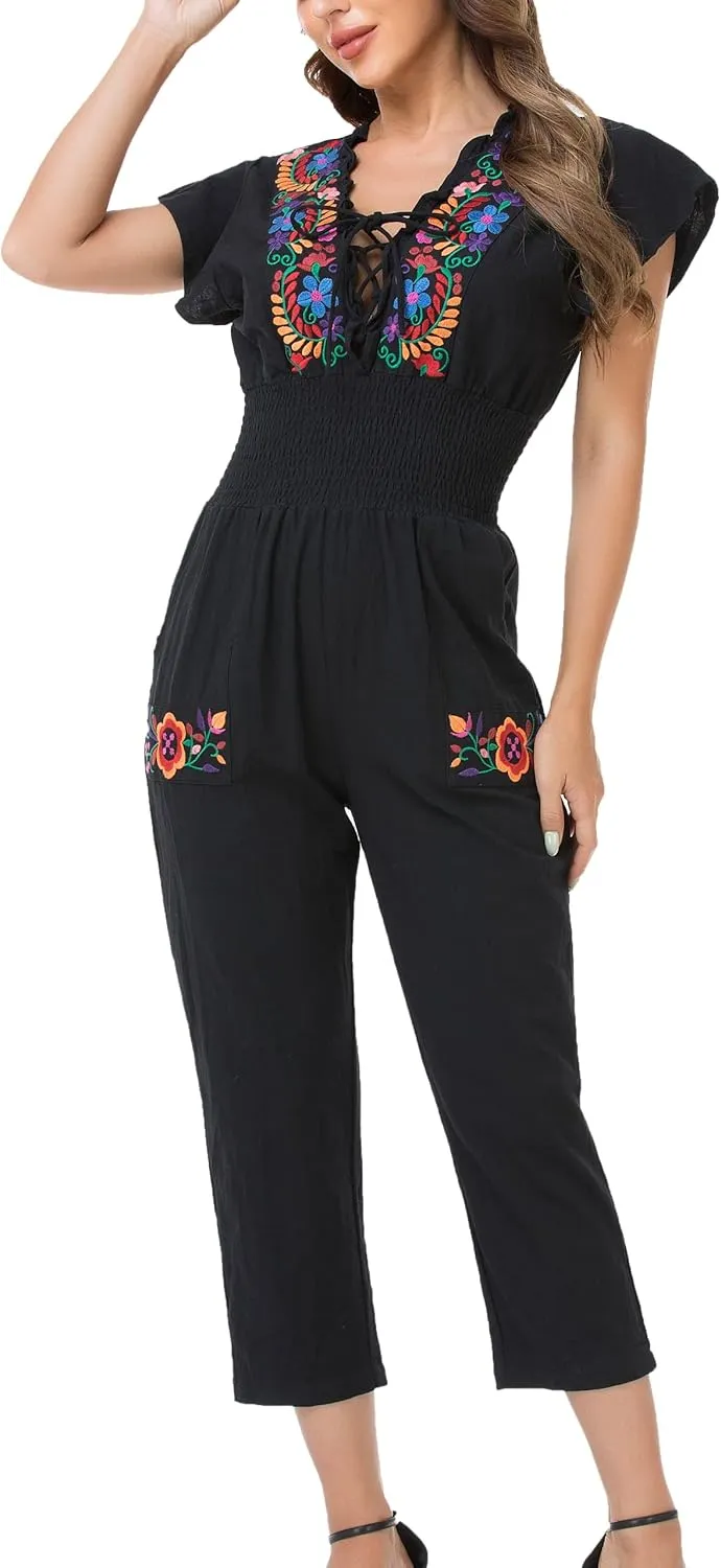 YZXDORWJ Women's Mexican Floral Embroidered Jumpsuits Casual Lace Short Sleeves Pants with Two Pockets