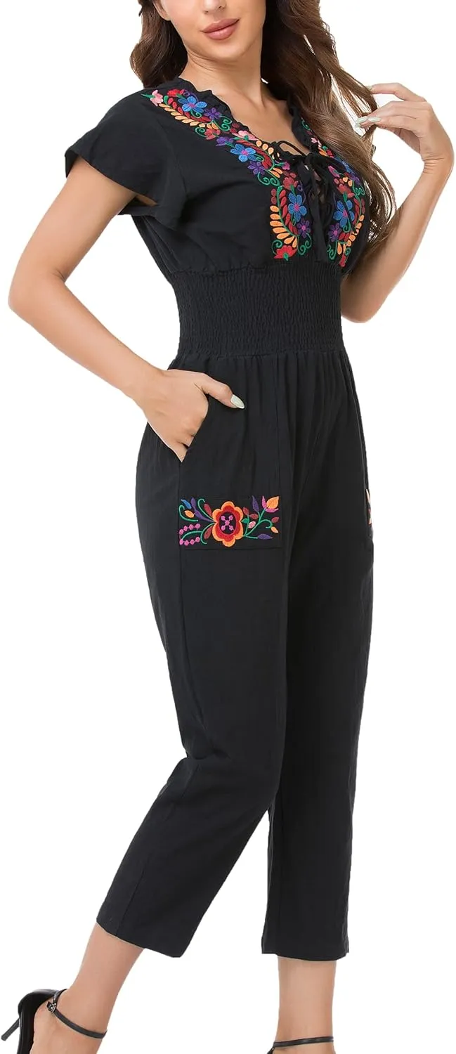 YZXDORWJ Women's Mexican Floral Embroidered Jumpsuits Casual Lace Short Sleeves Pants with Two Pockets