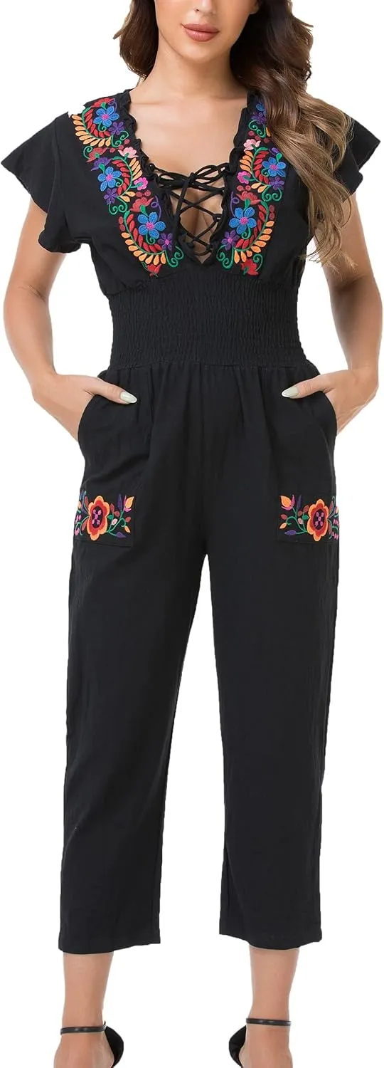 YZXDORWJ Women's Mexican Floral Embroidered Jumpsuits Casual Lace Short Sleeves Pants with Two Pockets